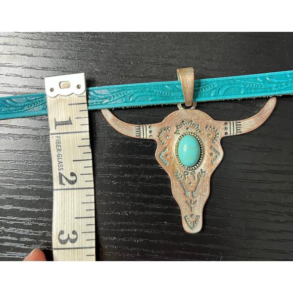 Handmade Western/Cowgirl Style Tooled Leather Choker with Cow Skull Pendant - Picture 5 of 6